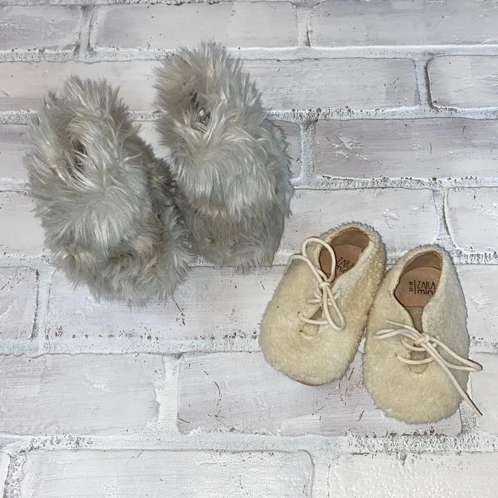 Baby Zara Mini Sherpa lace up shoes & gray fur boots bundle!!